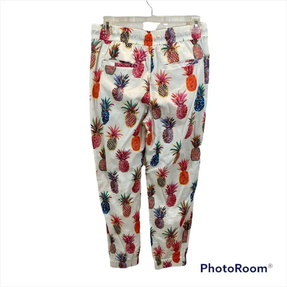 WOMEN'S J CREW SEASIDE PULL ON PANTS IN‎ WHITE RATTI PAINTED PINEAPPLES Size 0